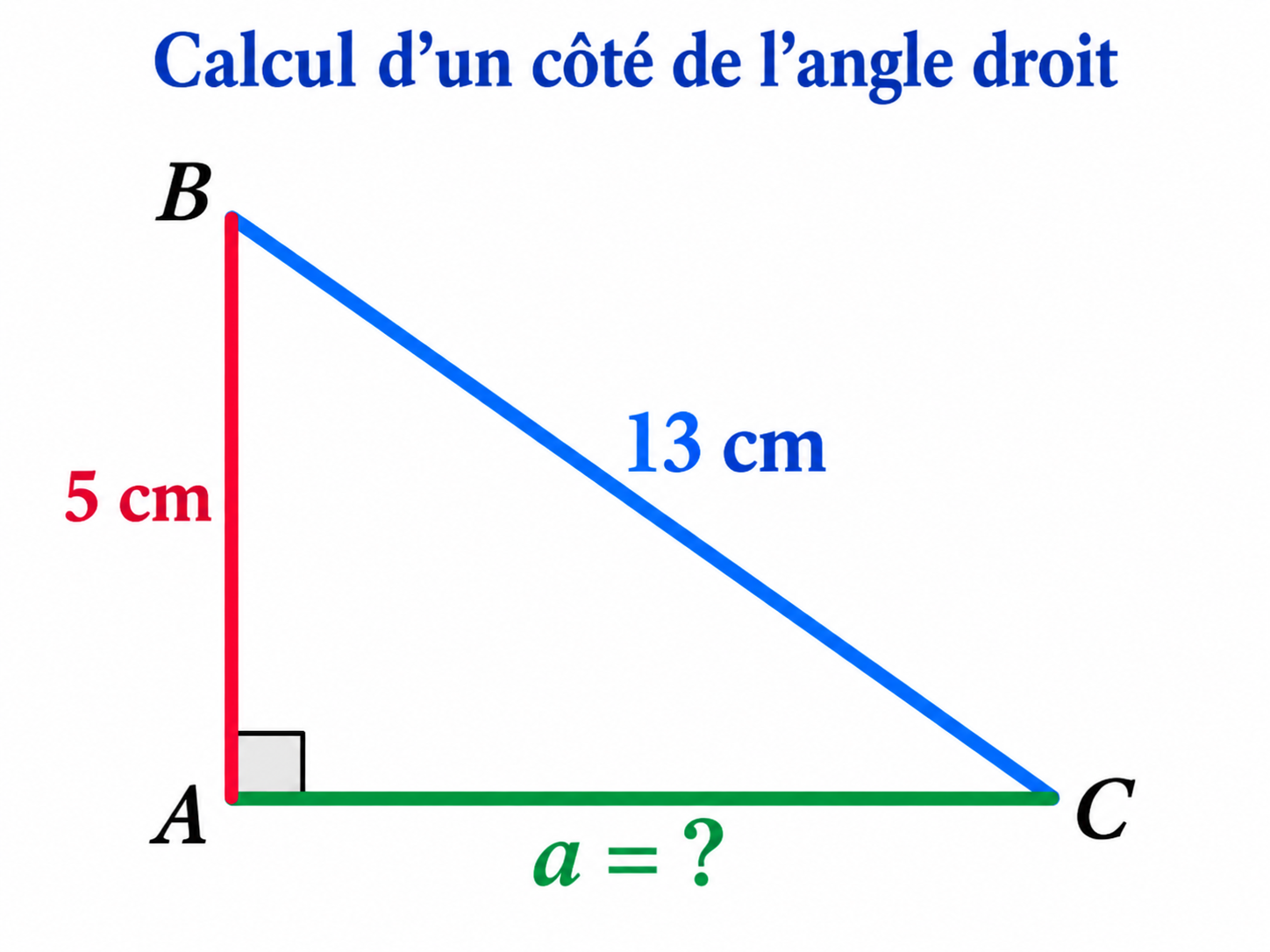 Triangle rectangle avec une hypoténuse de 13 cm, un côté de 5 cm et un côté inconnu